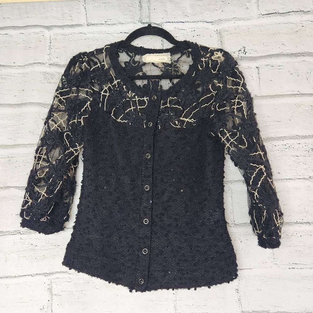 Areve Sequin Embellished Button Front Sheer Lace Cardigan Sweater Black Medium